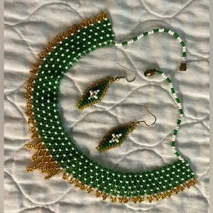 Beautiful Kenyan Handmade Green & Gold Beaded Necklace and Earrings